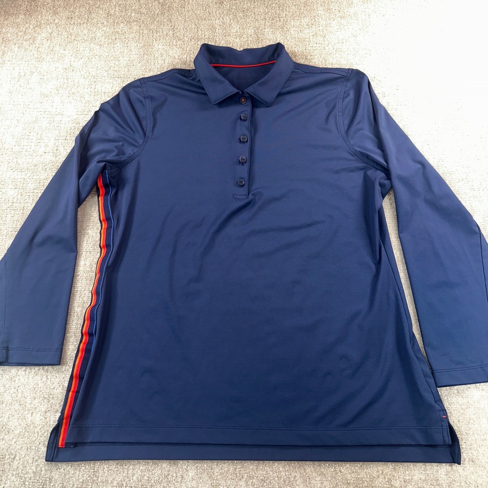 Peter Millar Womens Navy Blue Long Sleeve Performance Polo Shirt Side Stripe M